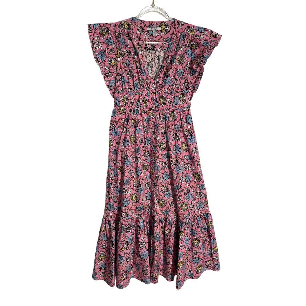 DEREK LAM 10 CROSBY Greta Floral Midi Dress Pink Tiered Ruffle Button Down Sz 6